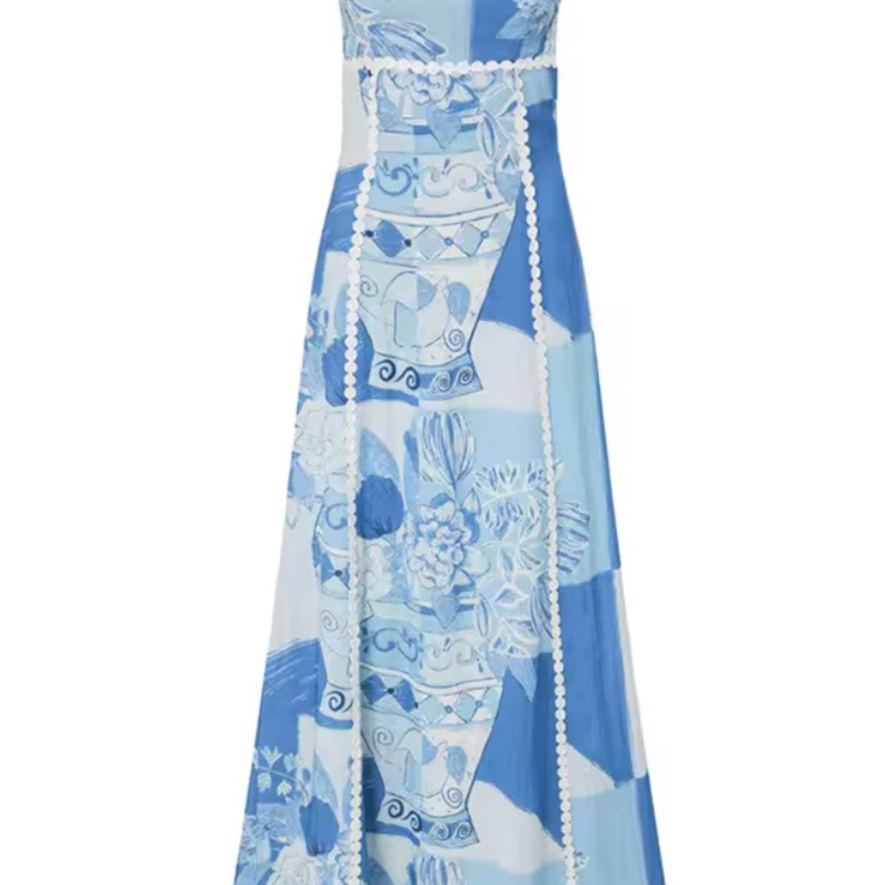 Blue and White Strapless A-line Resort Dress
